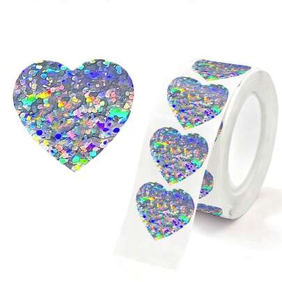 500pcs/Roll Holographic Heart Stickers, Silver Love Heart Stickers, Colorful Heart Stickers, Suitable For Teachers, Parents, Schools, Learning, Handmade, Adhesive Labels, Back To School Decorations, Stationery Gifts Scrapbook Supplies Scrapbooking