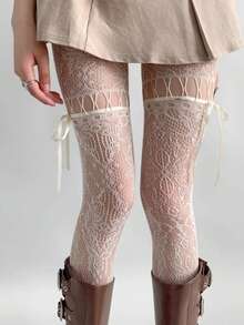 1 par de medias suaves de encaje calado con diseño de lazo para mujer, mallas ajustadas y lindas adecuadas para uso diario - Blanco - Ver 2