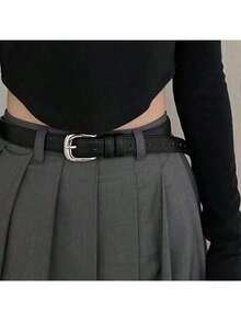 Women's Simple Yet Elegant Shiny Silver Buckle Leather Belt, Decorative For Students And Youth, Korean Style Fall, Autumn, Halloween - Buckle - View 23