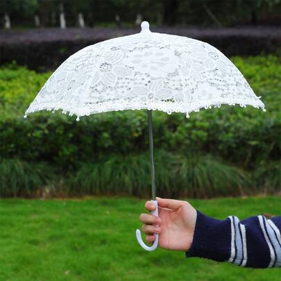 1把儿童尺寸白色优雅蕾丝边镂空复古蕾丝伞，适用于婚礼装饰、派对、万圣节、儿童舞蹈、摄影道具