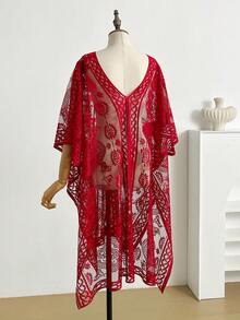 1 chiếc khăn choàng ren hoa văn Paisley màu trơn, kiểu dáng khoét rỗng, thích hợp cho nữ mùa hè, đi du lịch, chống nắng, che chắn khi đi biển, cổ chữ V, đa năng, phù hợp cho kỳ nghỉ biển, lễ hội. - Đỏ - Xem 3