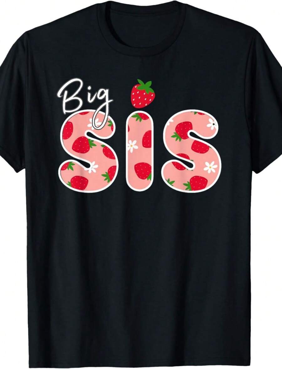 Big Sister Strawberry First Birthday Funny Strawberry T-Shirt.Jpg - 黑色 - 查看 1