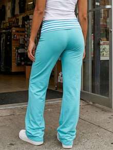 Women Y2k Striped Fold Over Yoga Pants Low Rise Stretch Straight Wide Leg Palazzo Pants Loose Fit Comfy Flared Leggings Gym Lounge Pants Sweatpants - 藍色 - 查看 2
