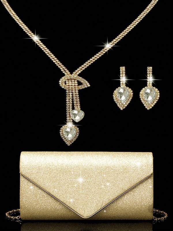 Conjunto de joyería con strass, collar, aretes y pulseras con brillo dorado, bolso sobre con solapa en V elegante y brillante, ideal para boda romántica, bolso de cadena para primavera/verano, bolso de novia, clutch formal para baile de graduación, bolso de vestido de noche elegante, perfecto para fiesta, boda, cena/banquete