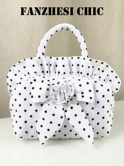 Elegant Korean Style Polka Dot Handbag, Fabric Ruffle Ruched Bow 3D Rose Decor For Campus School Commuting Date Shopping Travel Daily Bag