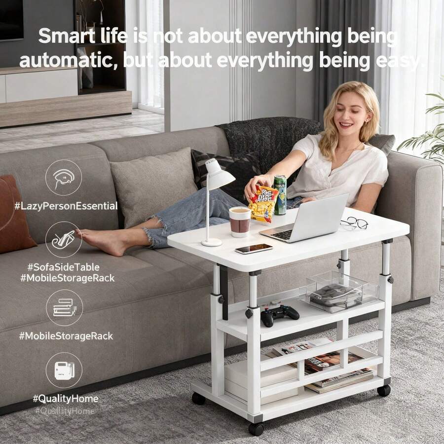1 chiếc bàn laptop di động có bánh xe - Bàn phụ di động điều chỉnh độ cao có bánh xe, bàn hình chữ C 23,7"/31,5" cho giường, ghế sofa, ghế bành, văn phòng tại nhà - Bánh xe có khóa - trắng - Xem 1