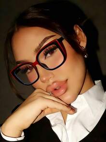 一副大号方形时尚眼镜框，撞色复古百搭休闲女式眼镜，透明镜片，适合日常佩戴 - 黑紅色 - 查看 3