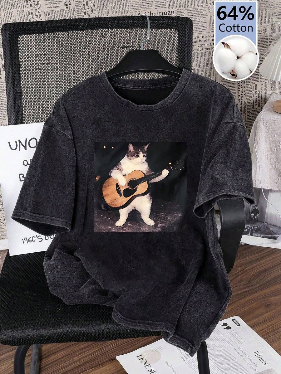 Women's Summer Cat Guitar Print Washed Solid Color Casual Simple Retro Everyday Loose Crew Neck Cotton Short Sleeve T-Shirt Tops Black - Black - View 1