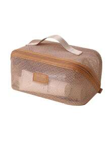 1 túi đựng mỹ phẩm lưới nylon dung tích lớn, túi đựng đồ trang điểm nhiều lớp thoáng khí, túi đựng đồ vệ sinh cá nhân nhẹ, túi du lịch thời trang có nhiều ngăn, kiểu dáng tối giản với khóa kéo, tay cầm phía trên, chi tiết rỗng, thích hợp để đựng đồ vệ sinh cá nhân và dụng cụ trang điểm. - Nhiều màu - Xem 5