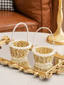 1pc Plastic Storage Basket, Creative Mini Two Tone Woven Design Storage Basket For Desk Decoration - View 14