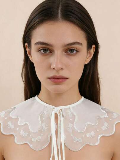  1 Pc White Sequin Embroidered Fake Collar ,Large Shawl Fake Shirt Collar Princess Collardoll Collar Fake Collar Suitable For Casual Wear Outdoor Travel Clothing Accessories