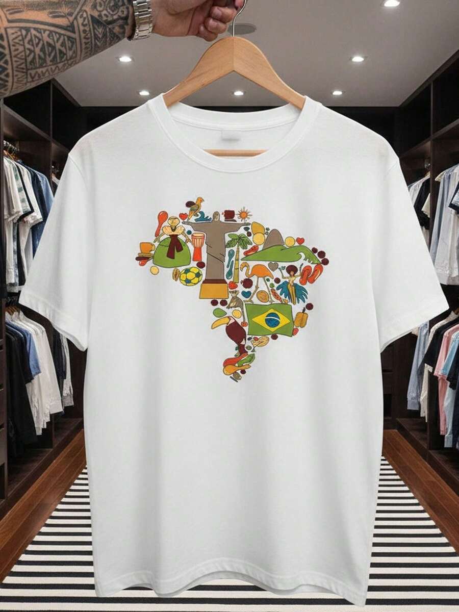 Stylish Sporty T-Shirt, Stylish Fan T-Shirt, World Cup, National Football Team, Brazil, Culture, Short Sleeve, Men's/Women's, 100% Cotton, Casual, Crew Neck - 白色 - 查看 1