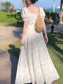 法国时尚蕾丝拼接印花夏季优雅泡泡袖修身A字裙节日派对连衣裙 - 米色 - 查看 9