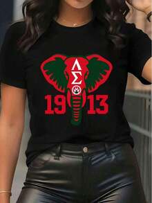 Vintage-Inspired Women's Short-Sleeved Crew Neck T-Shirt, Cotton Blend, Regular Fit, With ΔΣ Elephant Print 1913, Comfortable, Breathable, Soft, Street-Style & Campus Summer Top - 黑色 - 查看 6