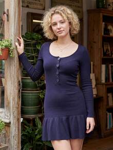 Vestido corto de punto para mujer, de primavera, color liso/estampado de rayas, manga larga, escote redondo, corte en A. - Gris Oscuro - Ver 5