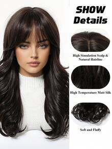20 Inch Long Wavy Wig With Meidum Part Bangs For Women, Ombre Dark Brown Synthetic Hair, Heat Resistant Natural Looking Fake Hair For Daily Party Cosplay - Chocolate Brown - View 9