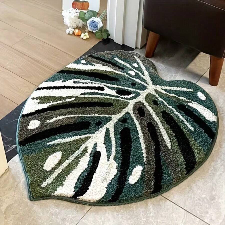 1pc Deep Green Leaf Pattern Soft, Absorbent, Fluffy Bathroom Mat, Suitable For Home Decor, Entryway And Indoor Protection, Bathroom Mat, Bathroom Rug, Door Mat, Small Rug, Carpet, Mat, Home Decor, Area Small Rug, Outdoor Mat, Home Decor, Area Rug, Bedroom Rug, Graduation Gift, Washable Carpet - Multicolor - View 1