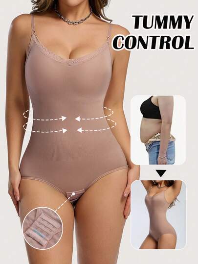 Seamless Jumpsuit With Lace Trim And Quick-Release Crotch