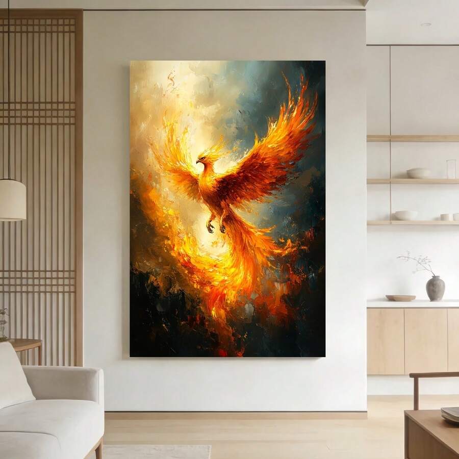 Framed 1 pieza, [2D Plano] con Marco,  Vívido Fénix Ascendente Arte de Pared en Lienzo Pintura Abstracta de Ave de Fuego, Decoración de Criatura Mítica, Obra de Arte de Llamas Ardientes para Espacios Audaces, 2D Plano - Enmarcado - Ver 1