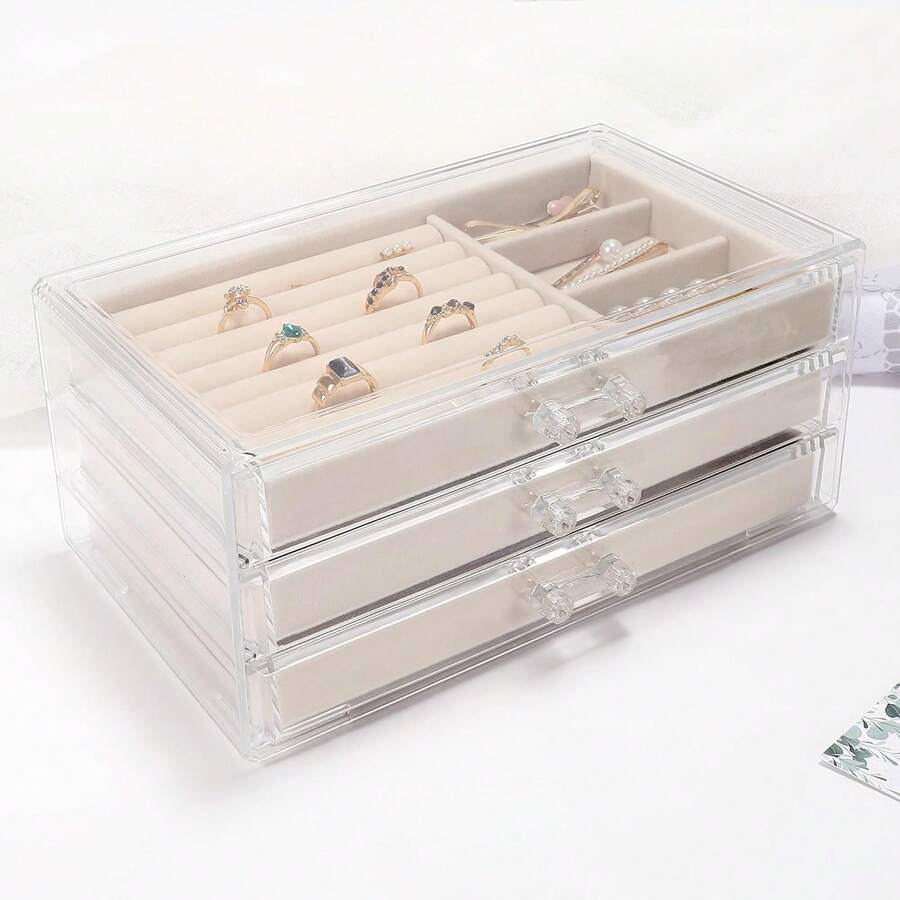 Hộp đựng trang sức nhiều lớp, trong suốt, chống trầy xước, dung tích lớn, có ngăn chia và ngăn kéo. - Màu be - Xem 1