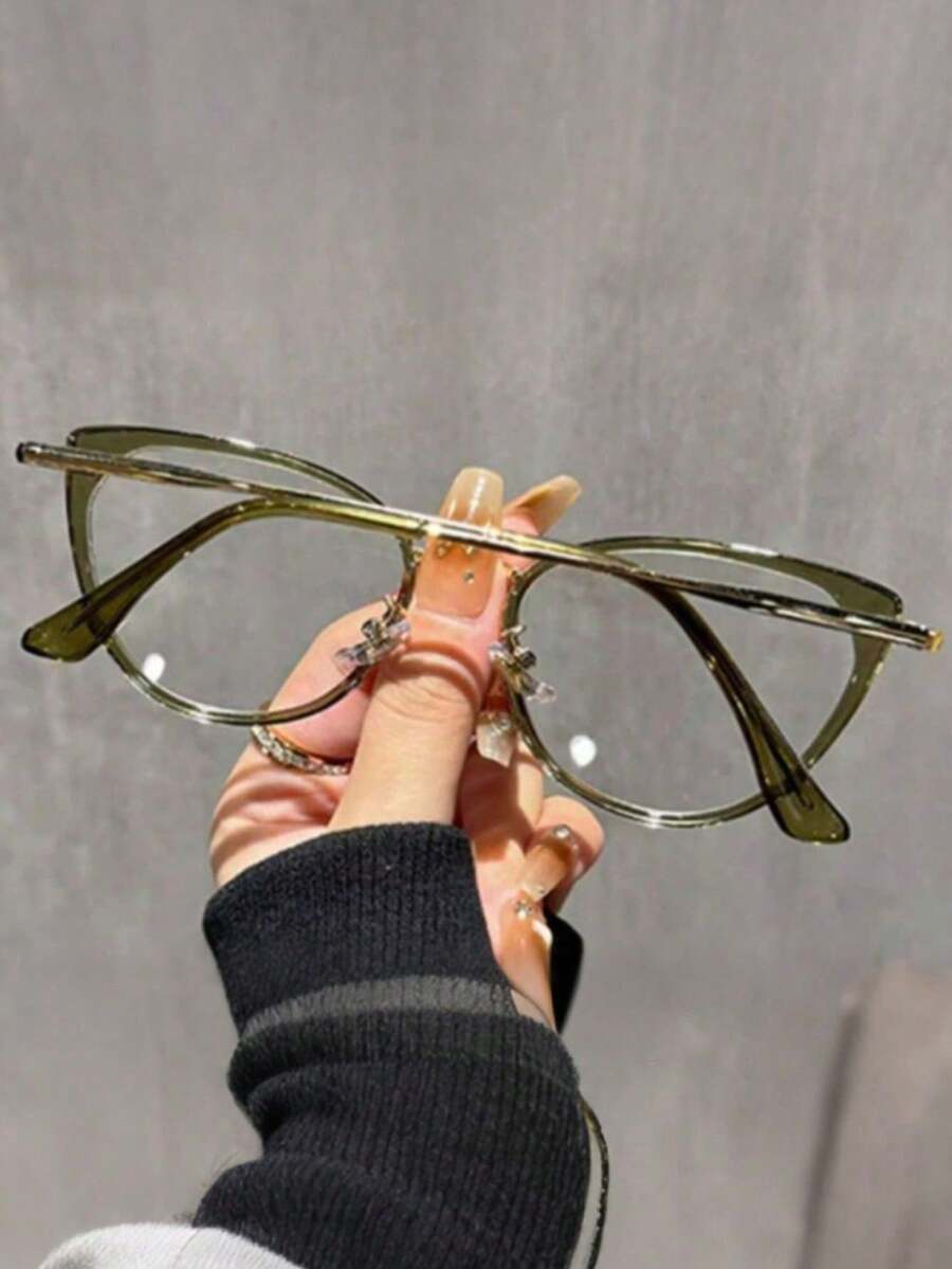 Y2K Iced Tea Cat Eye Glasses, Women's Clear Eyewear Accessories, Halloween Theme - Olive Green - View 1