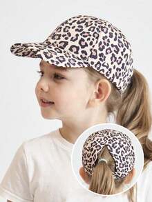 1pc Children Plain Color Casual Fashion High Ponytail Sun Shading Sunproof Baseball Cap - Leopard - View 5