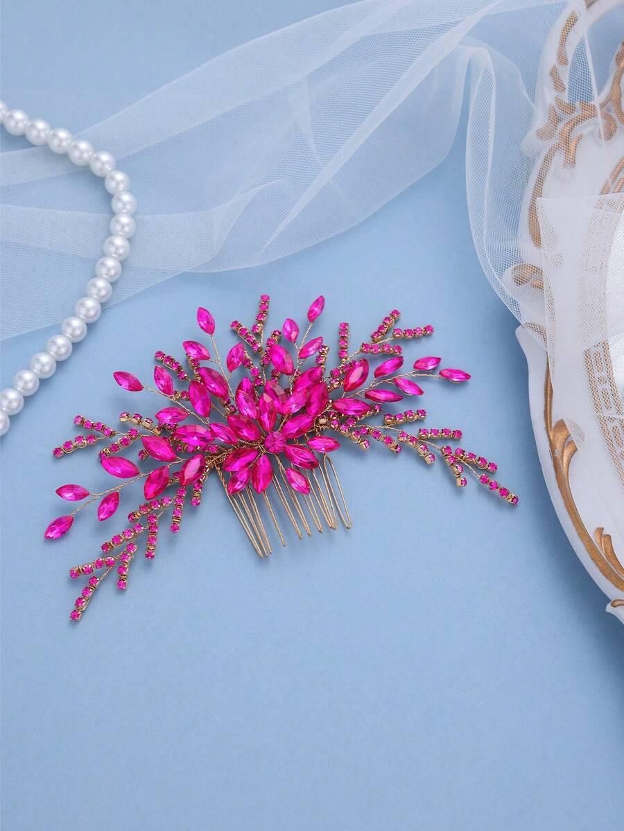1pc Purple Crystal Flower Hair Comb, Elegant Bridal Headpiece For Wedding, Prom, Party, Luxury Gold Rhinestone Hair Accessory For Women,Festival,Birthday - Hot Pink - View 1