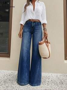 Light Blue Washed Flare Wide Leg Jeans, Relaxed Fit Suitable For Daily Commute Casual - Dark Wash - View 4