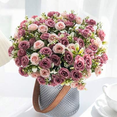 1/3 Bouquet Of Faux Silk Hydrangea Flowers, Fake Tea Roses, Suitable For Spring Wedding Vases, Can Be Used For Home, Restaurant, Bedroom, Bathroom, Room Decor, Mother's Day, Father's Day, Holiday Birthday Party Supplies, Outdoor Garden Decoration