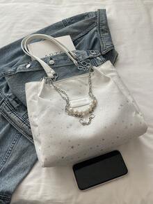 PU Chain Tote Bag With Pendant - White - View 6