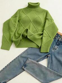 Plus Size Solid Color Turtleneck Long Sleeve Sweater, Autumn/Winter - Green - View 4