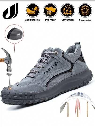 1双男女通用灰色安全鞋，防砸防刺，透气舒适，凯夫拉中底，工作鞋，轻便，适合户外徒步、工厂、车间及其他工作环境。