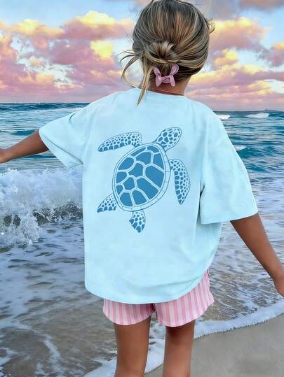 Girls Light Blue Sea Turtle Print T-Shirt, Casual Coastal Summer Short Sleeve Tee For Tween Girl