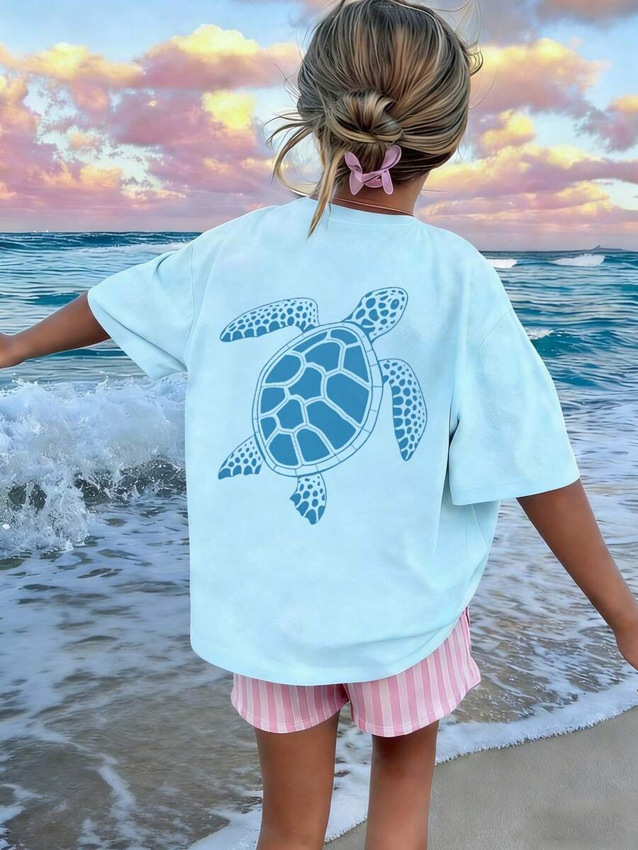 Girls' Light Blue Sea Turtle Print T-Shirt, Casual Coastal Summer Short Sleeve Tee For Teens - Baby Blue - View 1