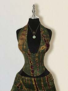 ICON Women's Tie-Dye 2 Pieces Set, Hippie Style Tie-Dye Low-Cut Super Mini Skirt, 2 Pieces Ultra Low-Waist Set - 軍綠色 - 查看 4