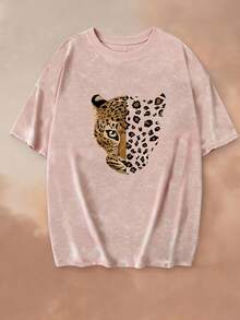 夏季新款复古豹纹印花休闲圆领扎染短袖T恤，精美个性百搭女式衬衫 - 粉色 - 查看 3