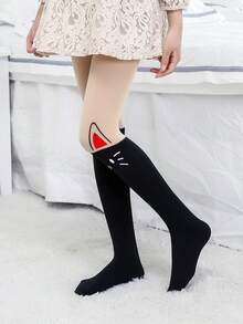 2双装女童无脚连裤袜，舞蹈裤，白色、肤色、卡其色、杏色、红色、黑色，撞色拼接，多色印花，卡通猫咪图案，字母印花，适合春夏秋冬四季穿着，可爱简约，学院风，适合日常穿着，学生适用，女童款，可搭配裙子，返校季必备 - 彩色 - 查看 4
