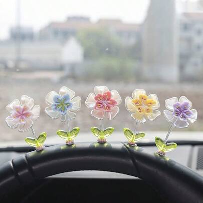 5pcs Cute Sakura Flower Car Decor, Funny Swinging Floral Car Ornament, Desk Flower Decoration, Suitable As Gift