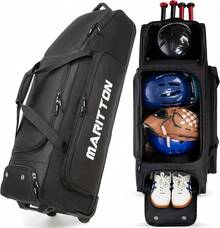 Rolling Baseball Catchers Gear Bag With Wheels, Large Baseball Softball Bag For 4 Bats, Equipped With Shoe Compartment, Fence Hooks And Multiple Pockets - 藍色 - 查看 1