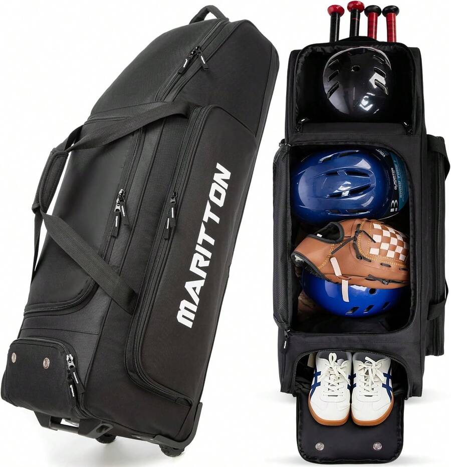 Rolling Baseball Catchers Gear Bag With Wheels, Large Baseball Softball Bag For 4 Bats, Equipped With Shoe Compartment, Fence Hooks And Multiple Pockets - 藍色 - 查看 1