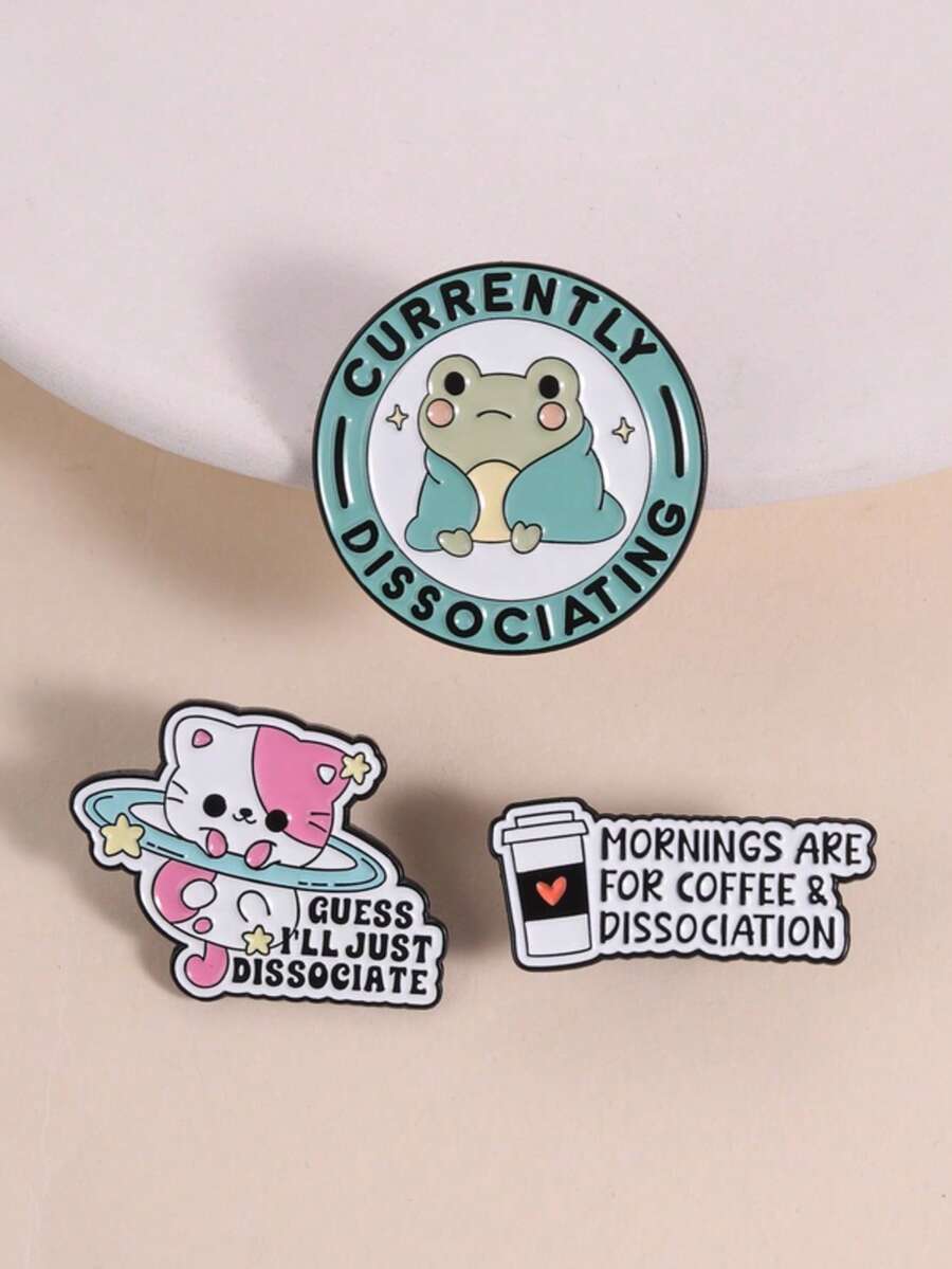 3pcs " I'll Just Dissociate" Cat Enamel Brooch, Cute Space Cat & Frog Brooch, Adorable Animal Pins, Backpack Accessories, Gifts For Friends