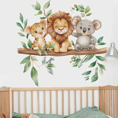1pc Large Size Cartoon Animal Wall Sticker, Lion, Elephant, Giraffe, Zebra And Owl Sleeping On Tree Branch, Little Tiger, Lion And Koala Sitting On Tree Branch Eating Honey, Various Cute Animals, PVC Self-Adhesive Removable Wall Decal, Suitable For Children's Room, Nursery, Bedroom, Living Room, Study, Dining Room, Bathroom, Home Wall Decor