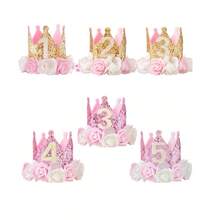 Couronne d'anniversaire de princesse pour filles, couronne rose et or pailletée avec fleurs, bandeau pour 1er, 2ème, 3ème, 4ème, 5ème anniversaire de bébé et tout-petit, fournitures pour fête d'anniversaire - Multicolore - Voir 1