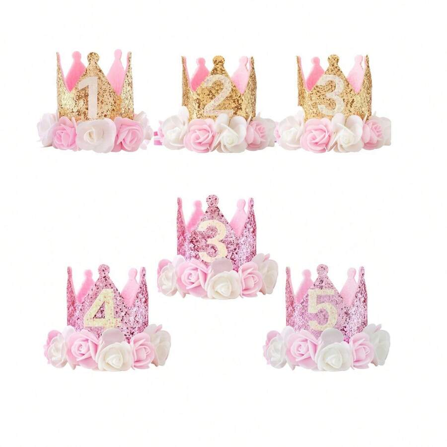 Couronne d'anniversaire de princesse pour filles, couronne rose et or pailletée avec fleurs, bandeau pour 1er, 2ème, 3ème, 4ème, 5ème anniversaire de bébé et tout-petit, fournitures pour fête d'anniversaire - Multicolore - Voir 1