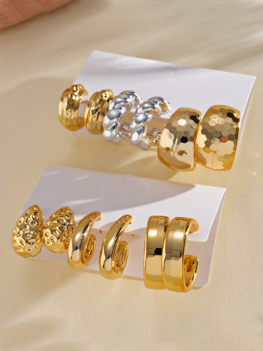 每套6件。个性时尚水滴形扭曲几何C形女士耳环套装。适合日常佩戴、派对或节日送礼。 - 彩色 - 查看 1