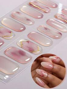 Bộ 16 miếng dán móng tay gel bán khô màu trắng trong suốt phối hồng vàng ánh nhũ, phong cách ngọt ngào dễ thương, tự dính, chống bong tróc, thích hợp cho việc tự làm móng tại nhà của nữ giới. - Hồng - Xem 2