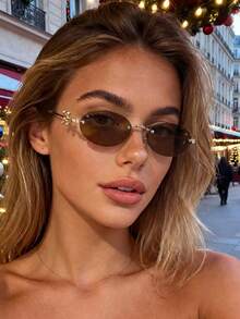 1 Pair Women's Metal Oval Rimless Compact Sunglasses, Suitable For Elegant Outfits, Travel, Sports Style, Driving, Holiday Wear, Beach, Electronic Music Festival, Golf, Hiking, Street Style Accessories, Party, Outdoor Activities, Fishing, Vacation - Golden Tea - View 1