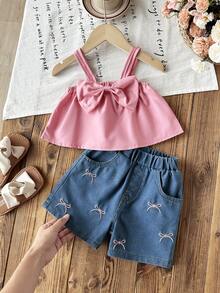 Toddler Girls' Fashionable Casual Cute Set, Spaghetti Strap Bow Decor Vest + Embroidered Bow Denim Shorts - Pink - View 1
