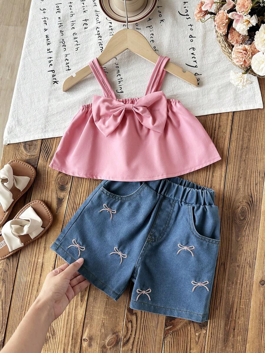 Toddler Girls' Fashionable Casual Cute Set, Spaghetti Strap Bow Decor Vest + Embroidered Bow Denim Shorts - Pink - View 1