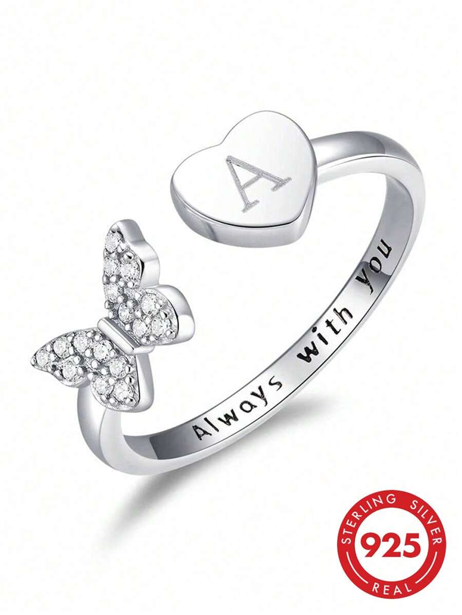 GAGAFEEL 1pc S925 Sterling Silver Letter Cubic Zirconia Butterfly Heart Engraved Ring, Engraved "Forever With You", Openable, Women's Birthday Party Gift - Silver - View 1
